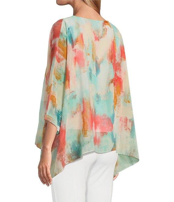Slim Factor by Investments Abstract Haze Crew Neck 3/4 Dolman Sleeve Lined Blouse Product Image