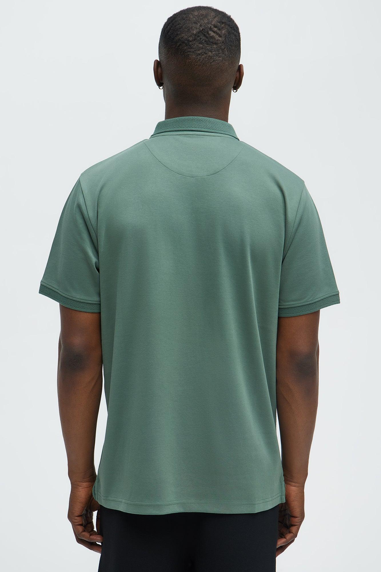Ribbed Zip Collar Short Sleeve Polo - Green Product Image