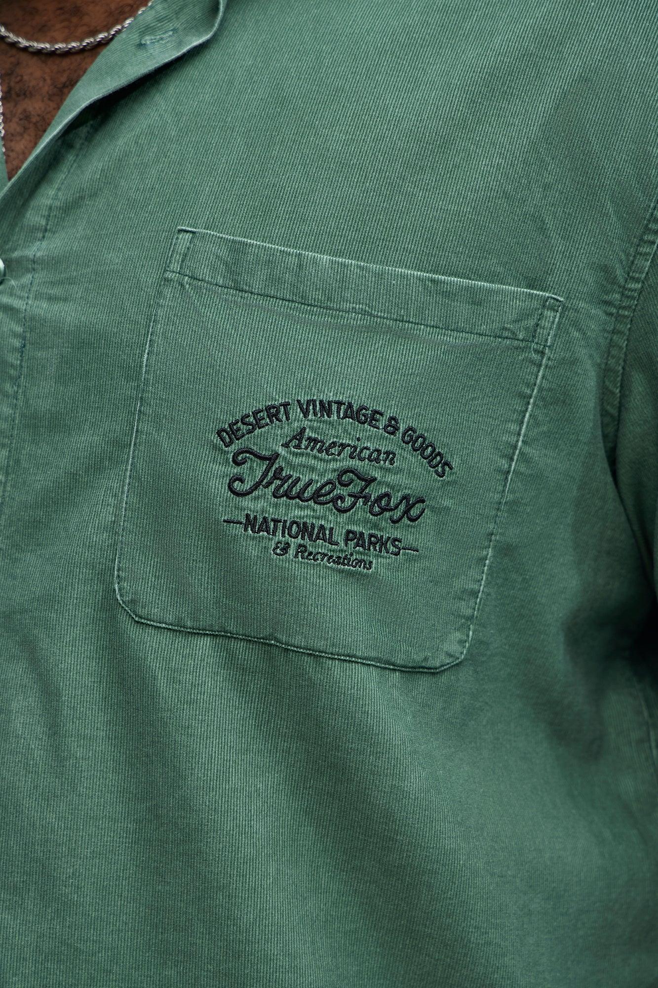 Retro Embroidered Corduroy Short Sleeve Shirt - Green Product Image