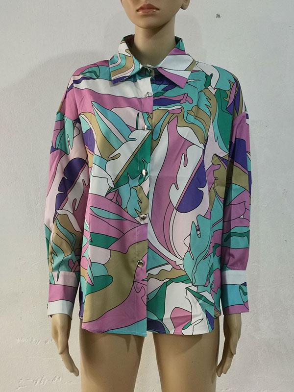 Long Sleeves Loose Contrast Color Printed Lapel Blouses Product Image