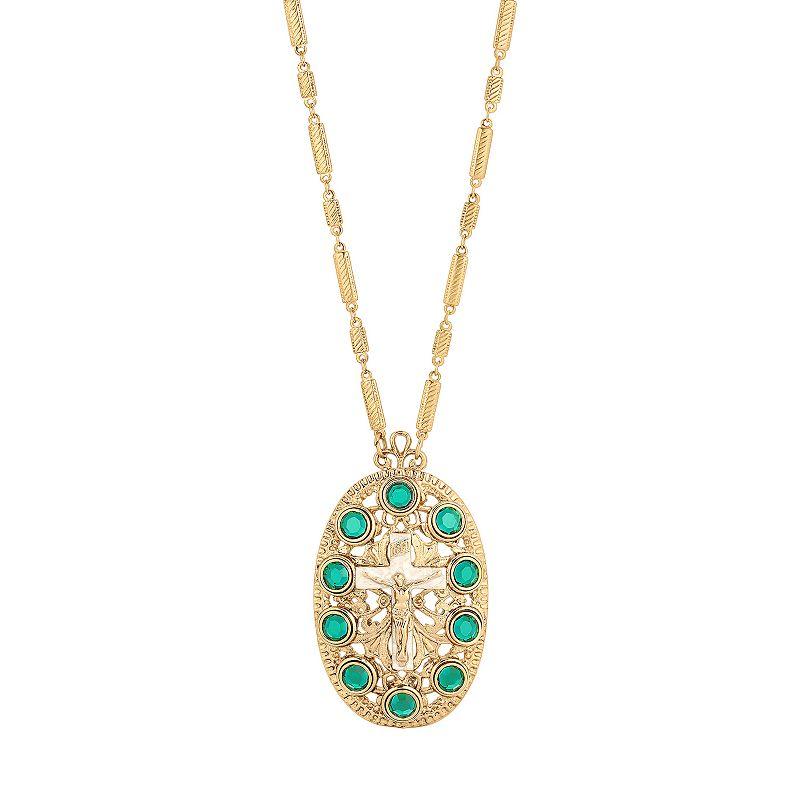 1928 Gold Tone Oval Cross Crystal Accent Necklace, Womens Blue Product Image
