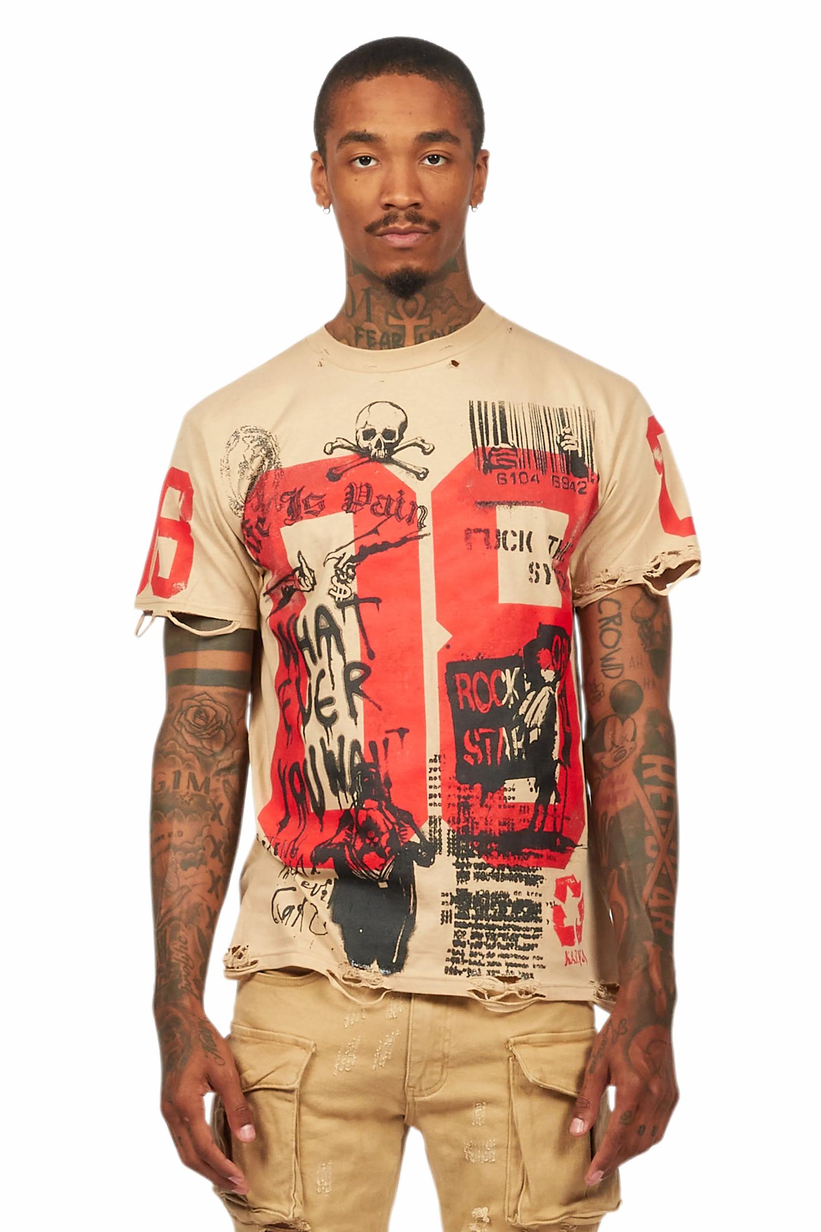 Grill Beige Graphic Oversized T-Shirt Male Product Image
