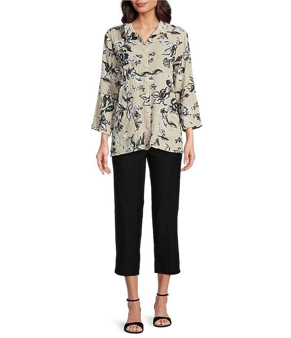 Ali Miles Pucker Woven Allover Stroke Floral Wire Collar 3/4 Sleeves Button Front Shirt Product Image