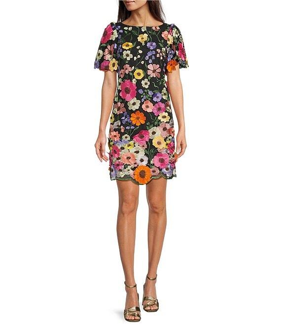 Eliza J 3D Embroidered Floral Mesh Boat Neck Short Sleeve Sheath Mini Dress Product Image