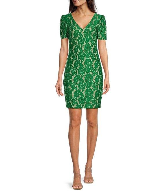 Kensie Lace V-Neck Short Sleeve Sheath Mini Dress Product Image