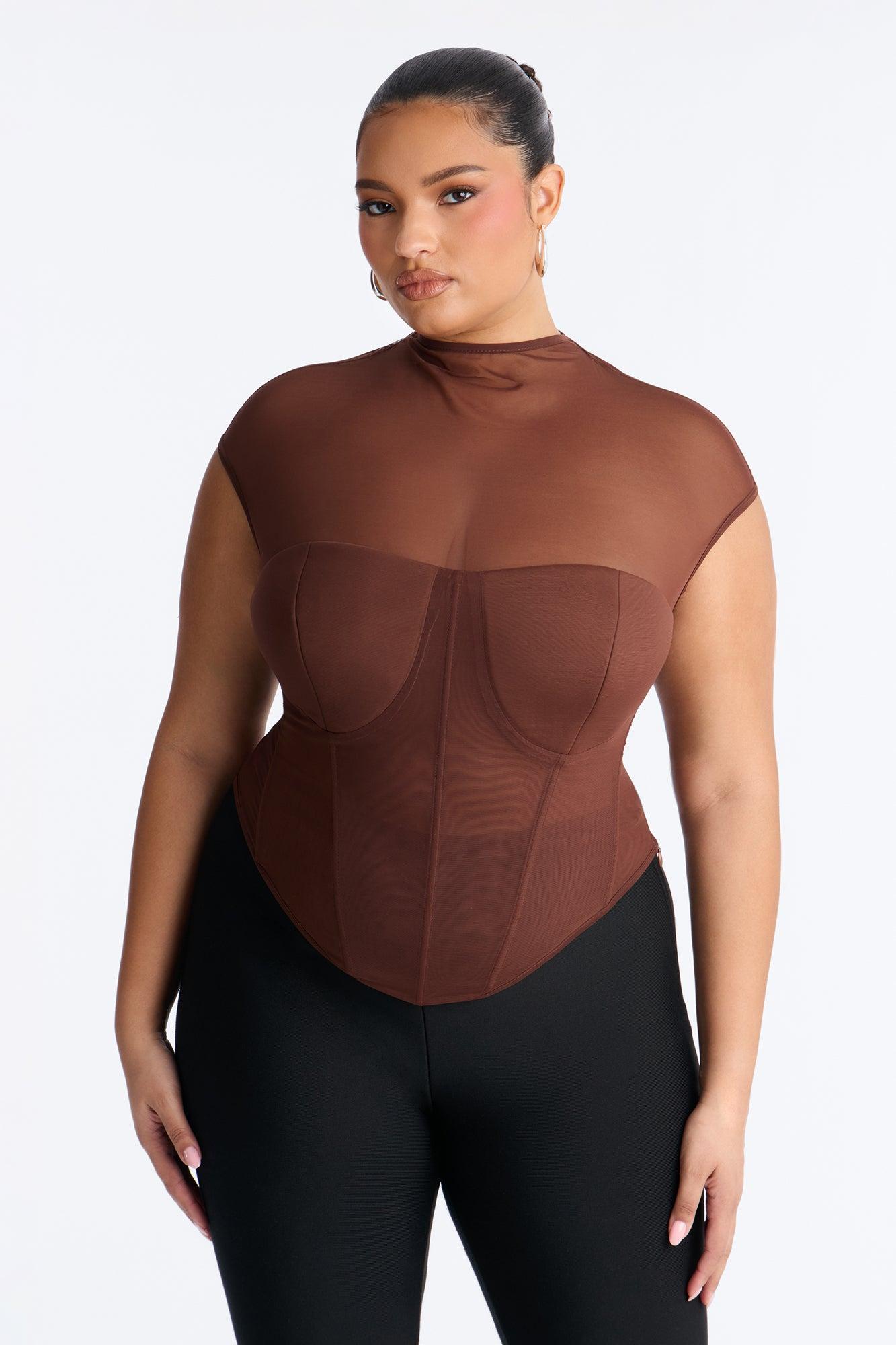 Fatima Mesh Mock Neck Short Sleeve Corset Top - Chocolate Female Product Image