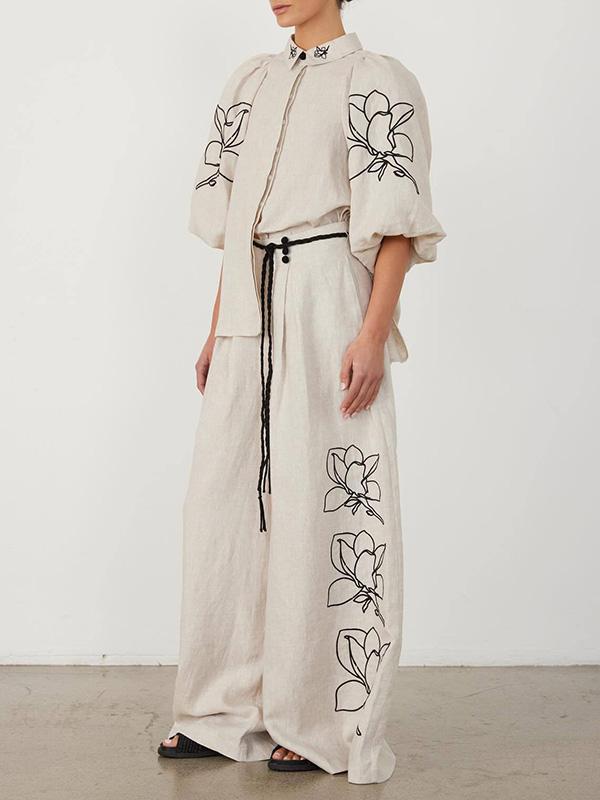 Loose Puff Sleeves Pleated Printed Split-Joint Lapel Blouses&Shirts Tops Product Image