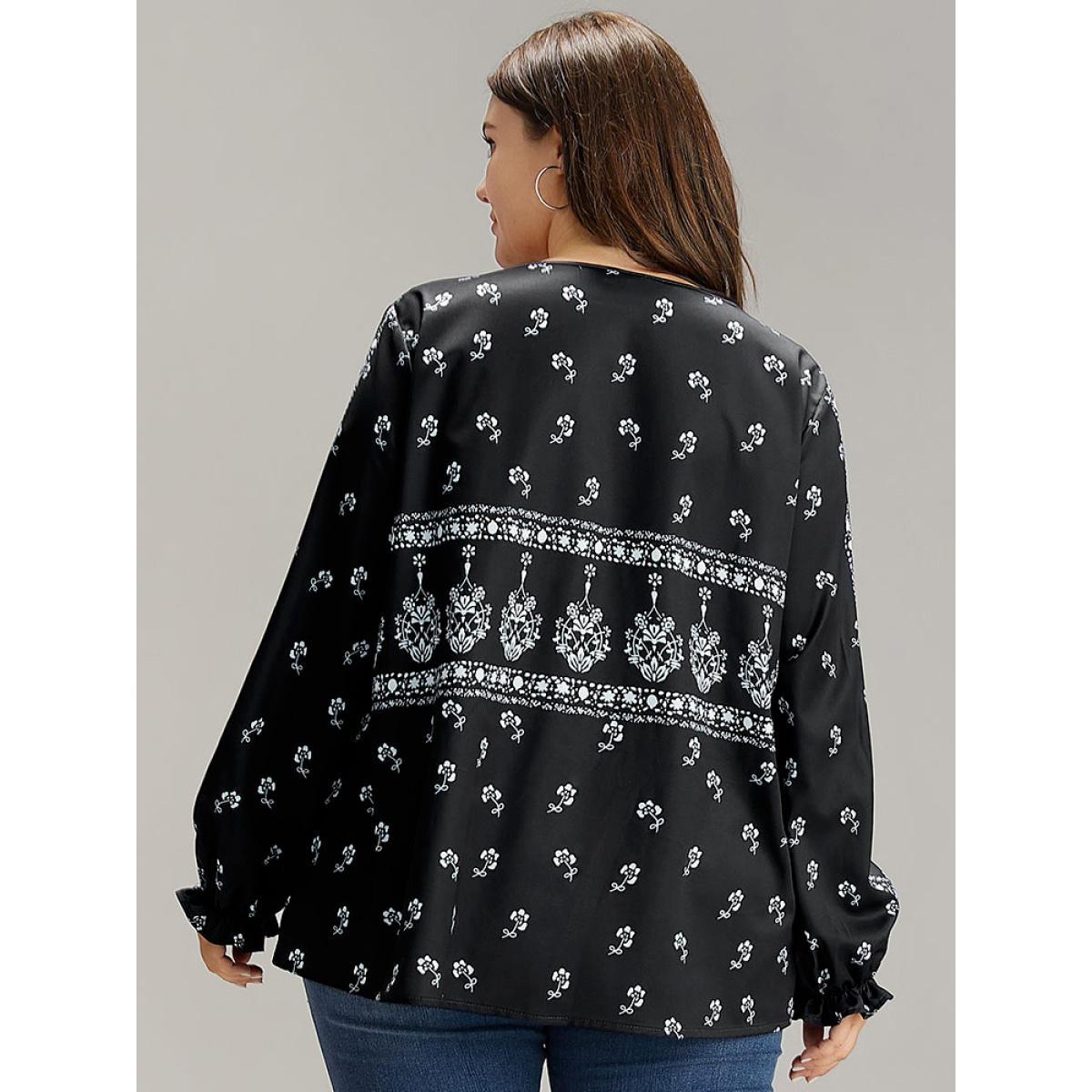 Plus Size Black Bandana Print Flutter Trim Blouse Women Resort Long Sleeve V-neck Vacation Blouses BloomChic 30/6X Product Image
