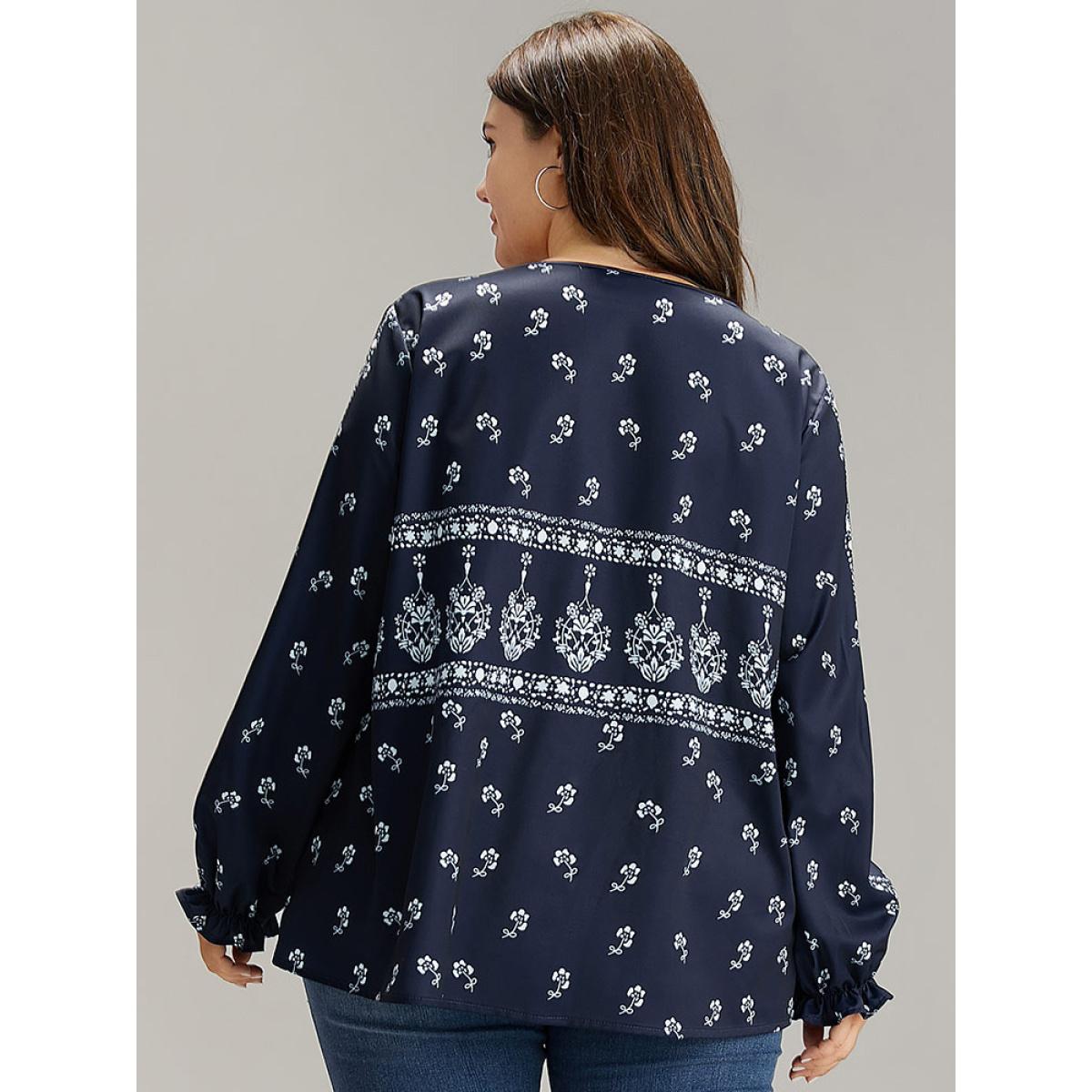 Plus Size Indigo Bandana Print Flutter Trim Blouse Women Resort Long Sleeve V-neck Vacation Blouses BloomChic 14-16/1X Product Image