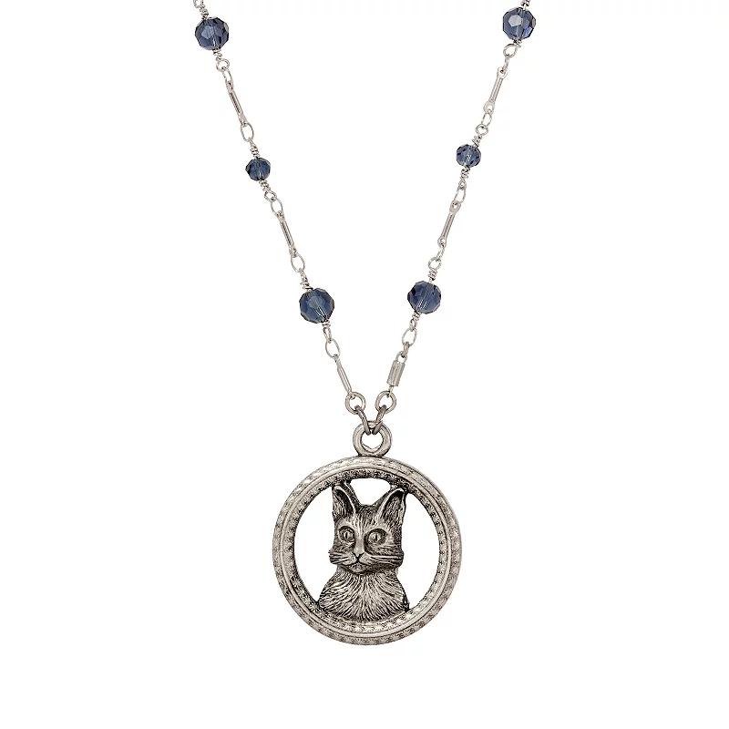 1928 Silver Tone Glass Bead Chain Cat Necklace, Womens, Blue Product Image