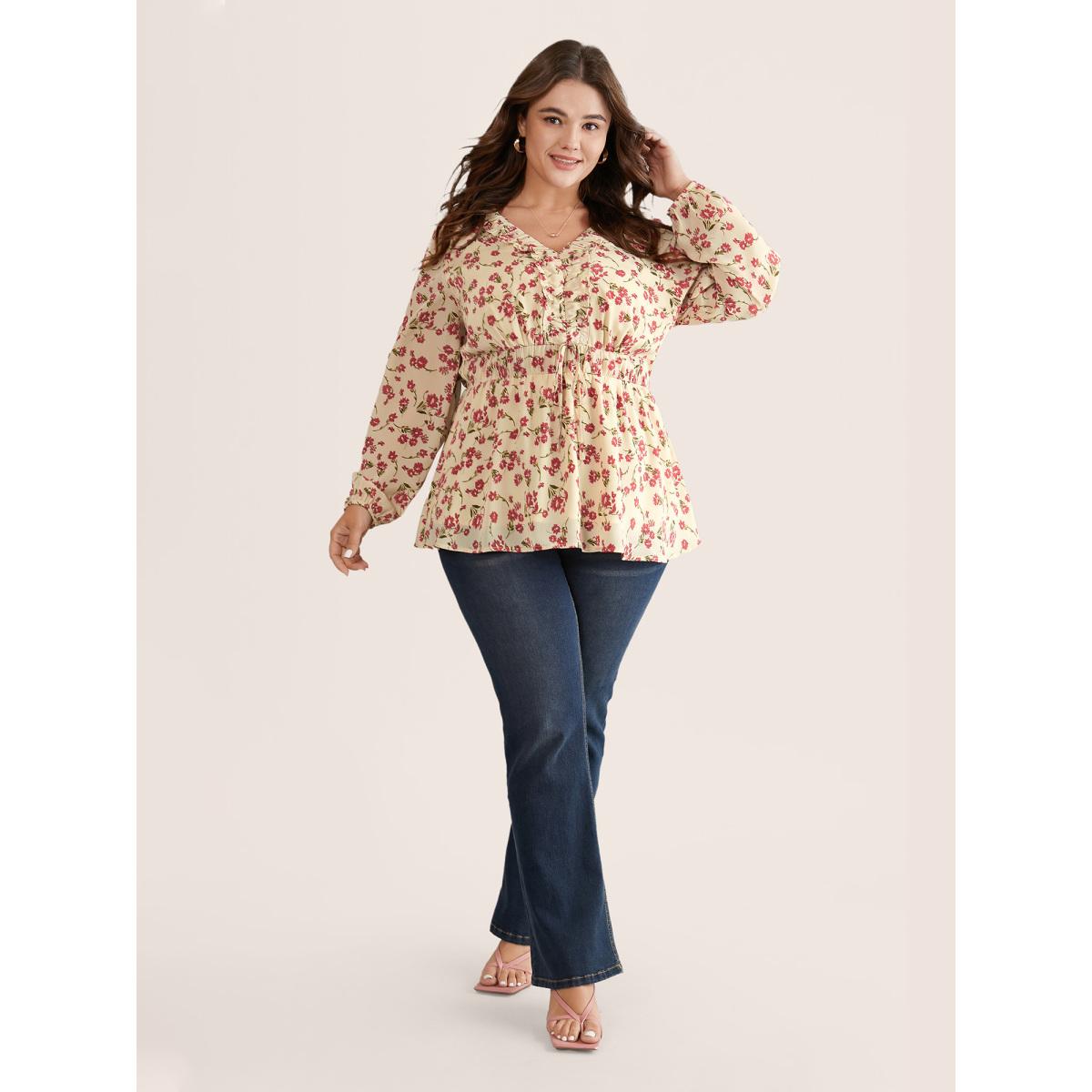 Plus Size Beige Ditsy Floral Elastic Waist Ties Ruffles Blouse Women Elegant Long Sleeve V-neck Office Blouses BloomChic 14-16/1X Product Image