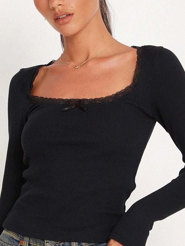 Solid Color U Neck Lace Trim Long Sleeve Knit Product Image