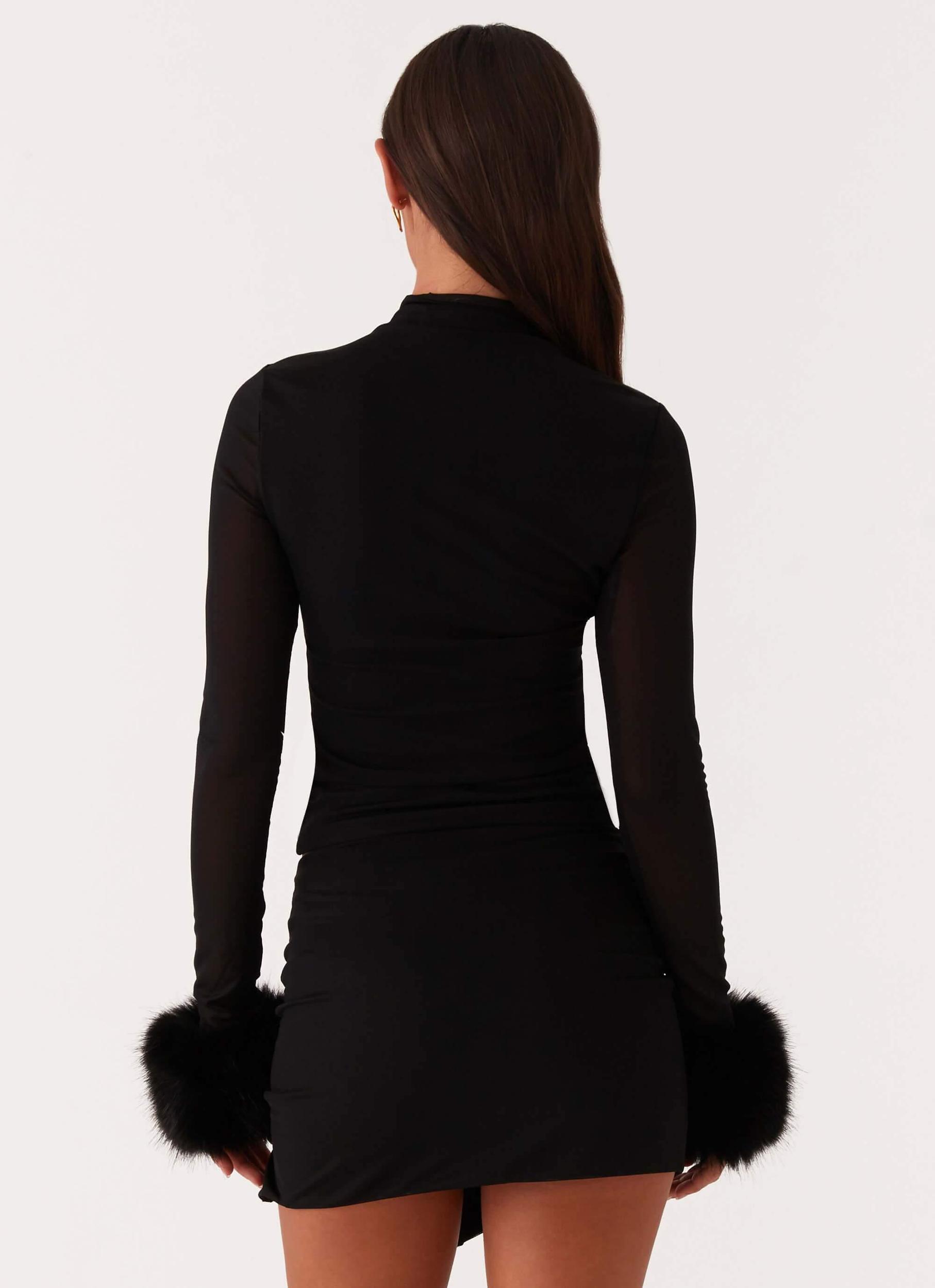 Tayanna Fur Trim Long Sleeve Top - Black Product Image