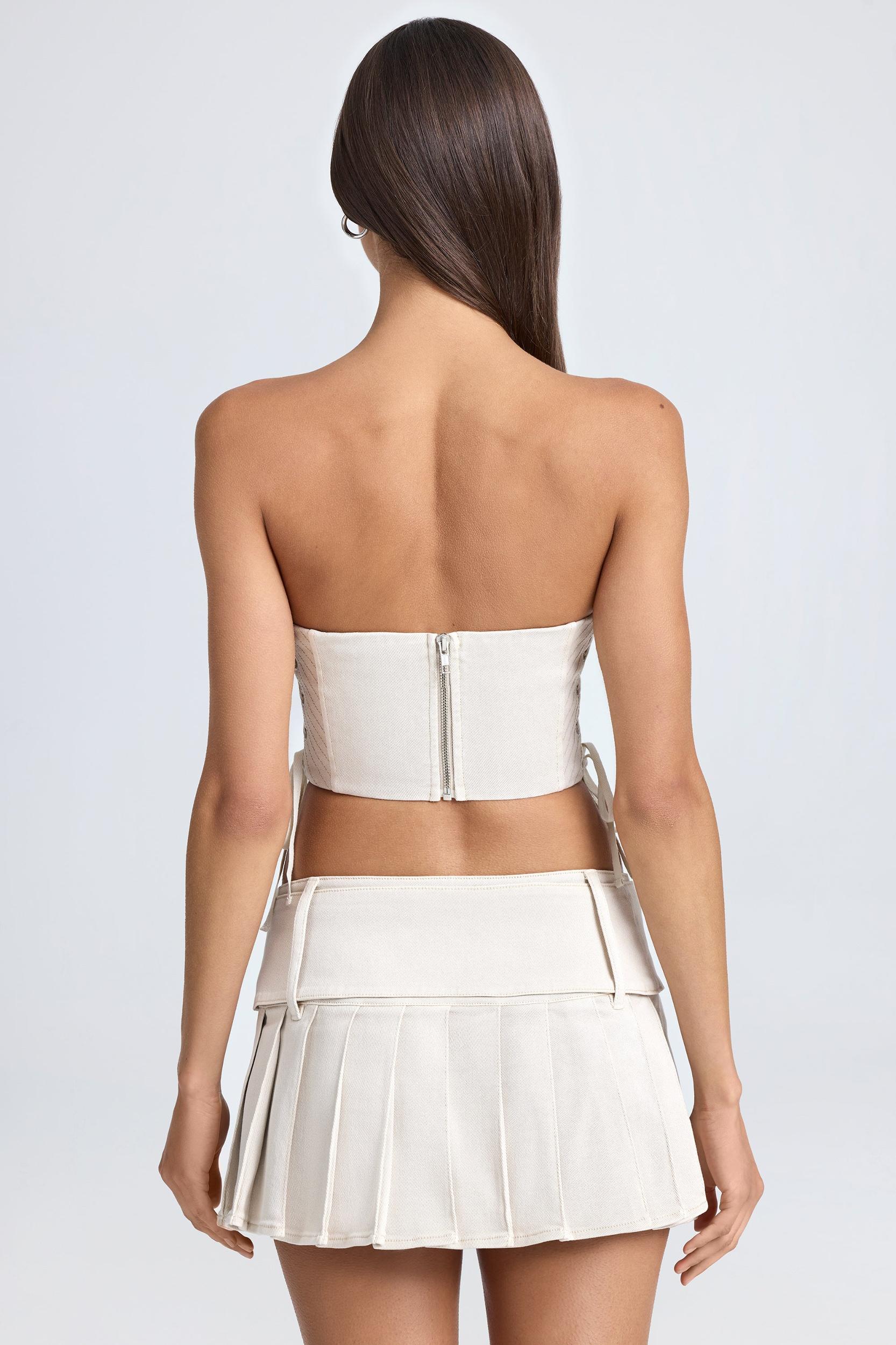 Belted Pleated Low-Rise Micro Mini Skirt in Ecru Product Image