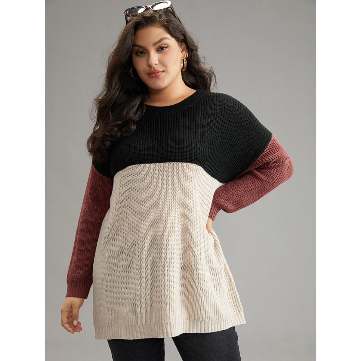 Plus Size Colorblock Contrast Crew Neck Pullover Multicolor Women Casual Loose Long Sleeve Round Neck Dailywear Pullovers BloomChic 14-16/1X Product Image