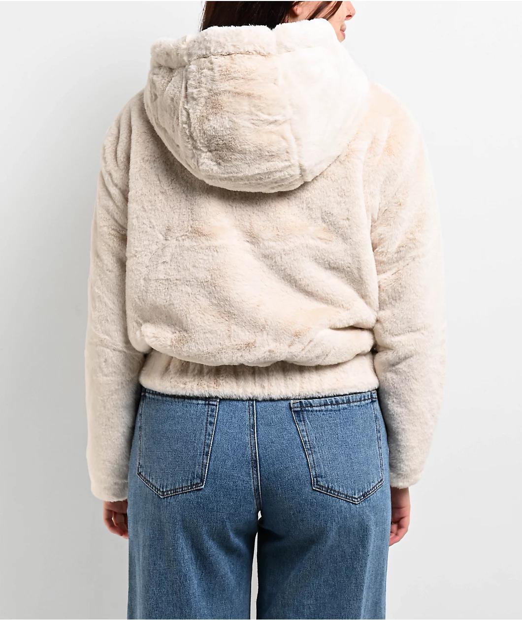 STOOSH Faux Fur Beige Crop Zip Hoodie Product Image