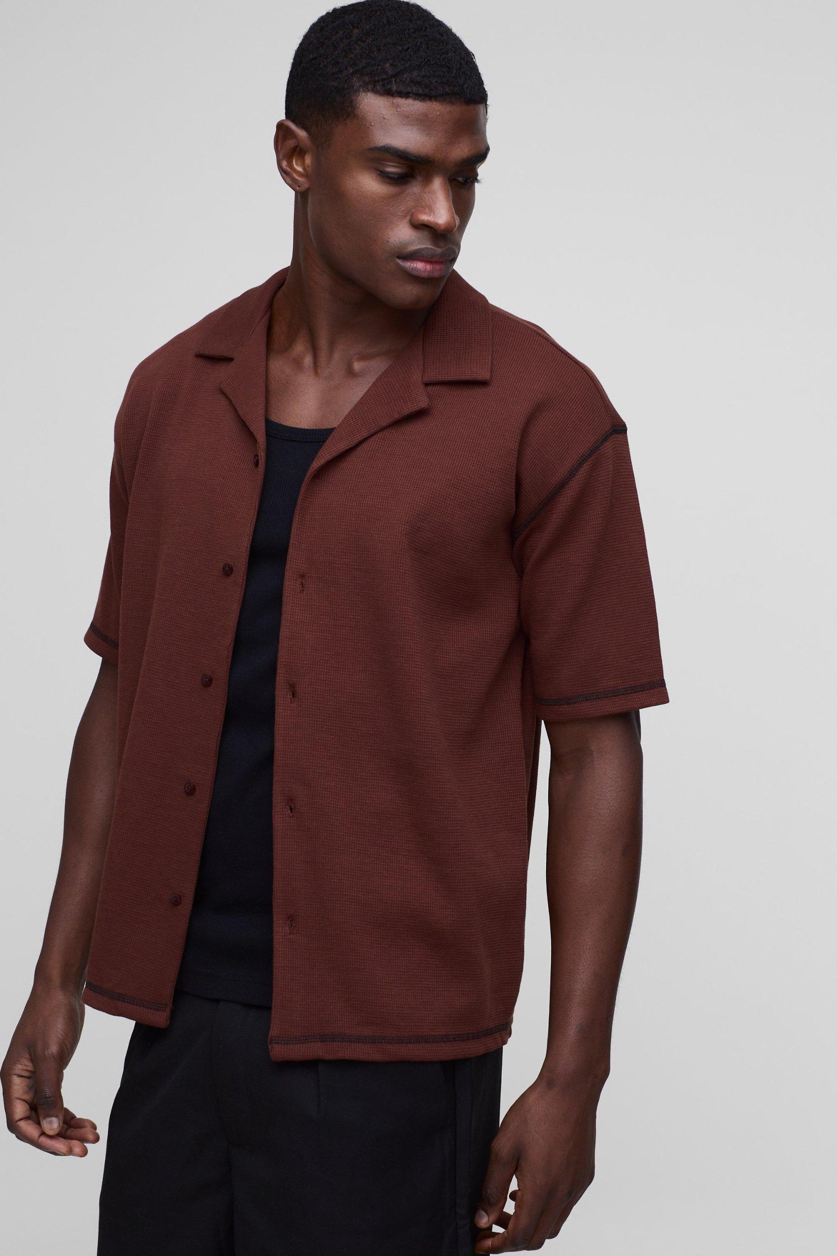 Waffle Contrast Stitch Oversized Revere Shirt | boohooMAN USA Product Image