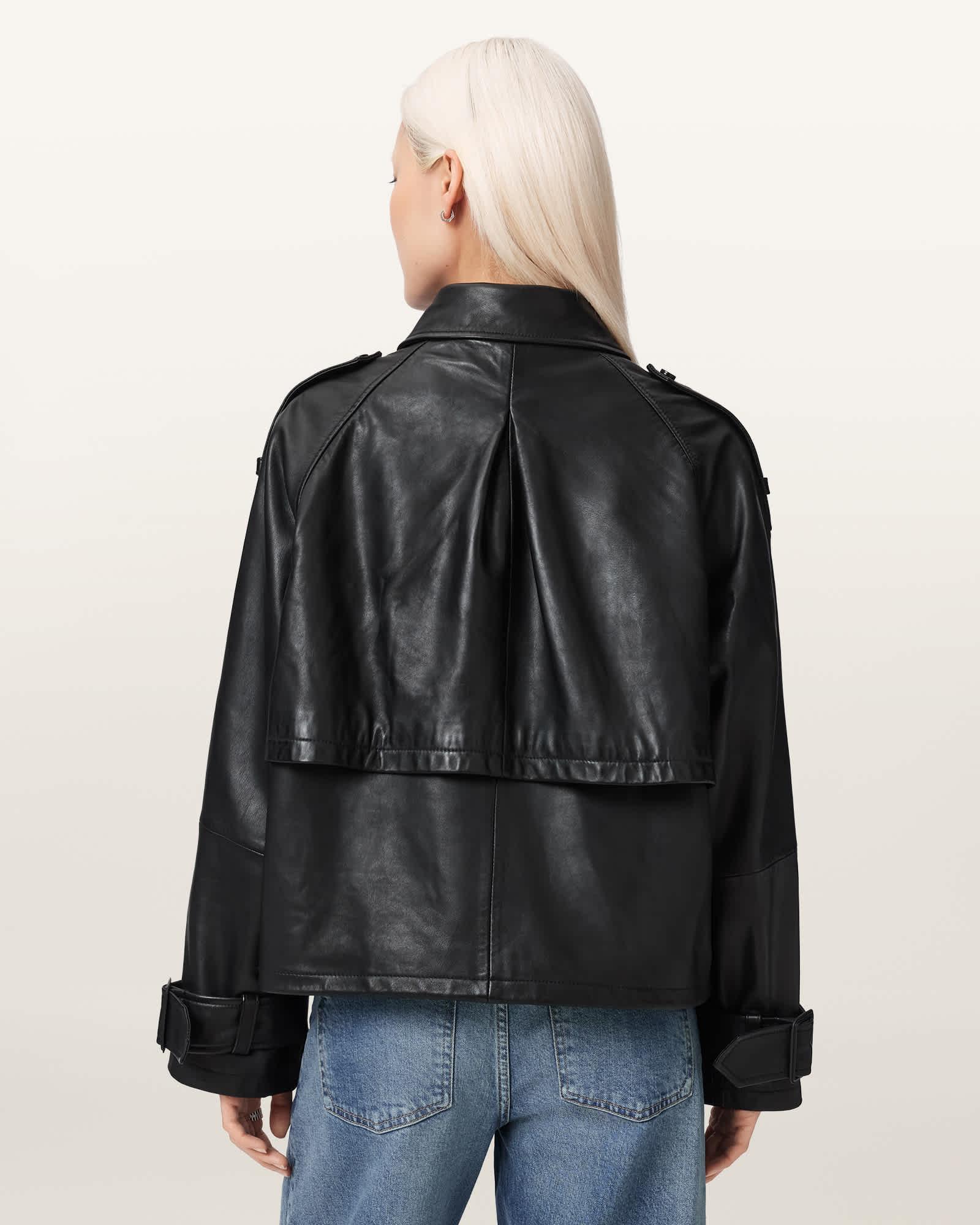 Reya Cropped Leather Mac Black | ALLSAINTS US Product Image