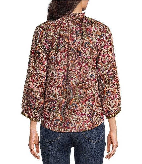 Democracy Woven Floral Paisley Split V-Neck 3/4 Sleeve Top Product Image