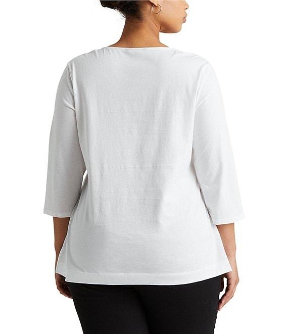 Lauren Ralph Lauren Plus Size Split Round Neck 3/4 Sleeve Woven Trim Knit Top Product Image