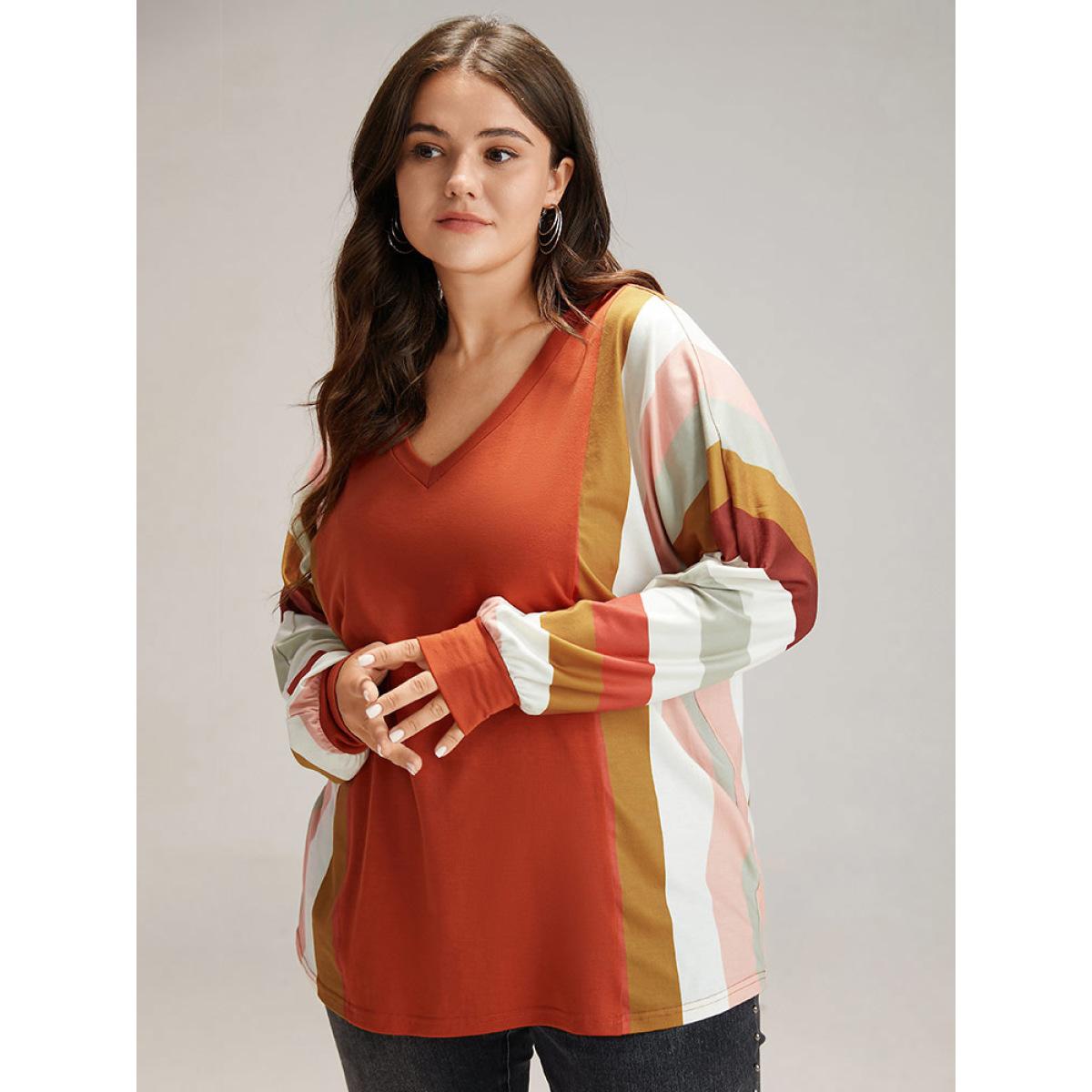 Plus Size Colour Striped V Neck Batwing Sleeve T-shirt Multicolor Women Casual Elastic cuffs Striped V-neck Dailywear T-shirts BloomChic 10/M Product Image