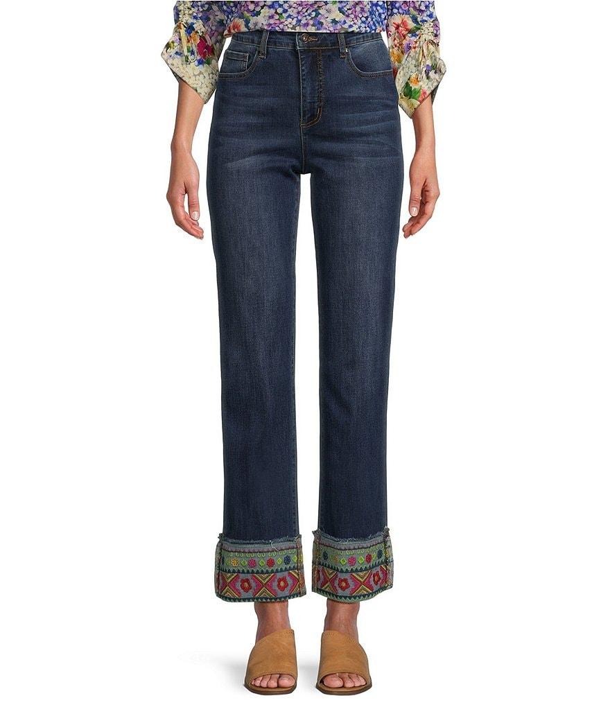 John Mark Petite Size Embroidered Hem Straight Leg Jeans Product Image