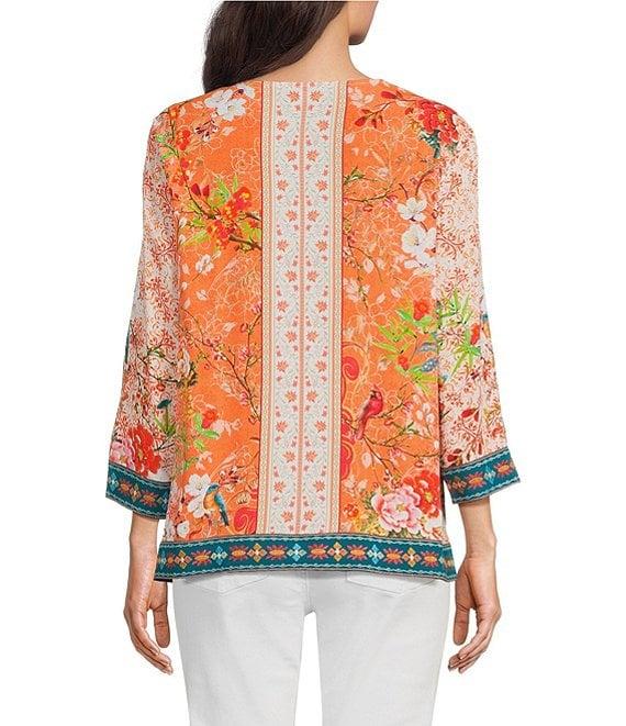 John Mark Embroidered Printed V-Neck 3/4 Sleeve Top Product Image