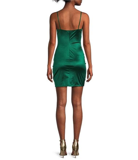 Honey and Rosie Sateen Spaghetti Strap V-Neck Short Fitted Dress Product Image