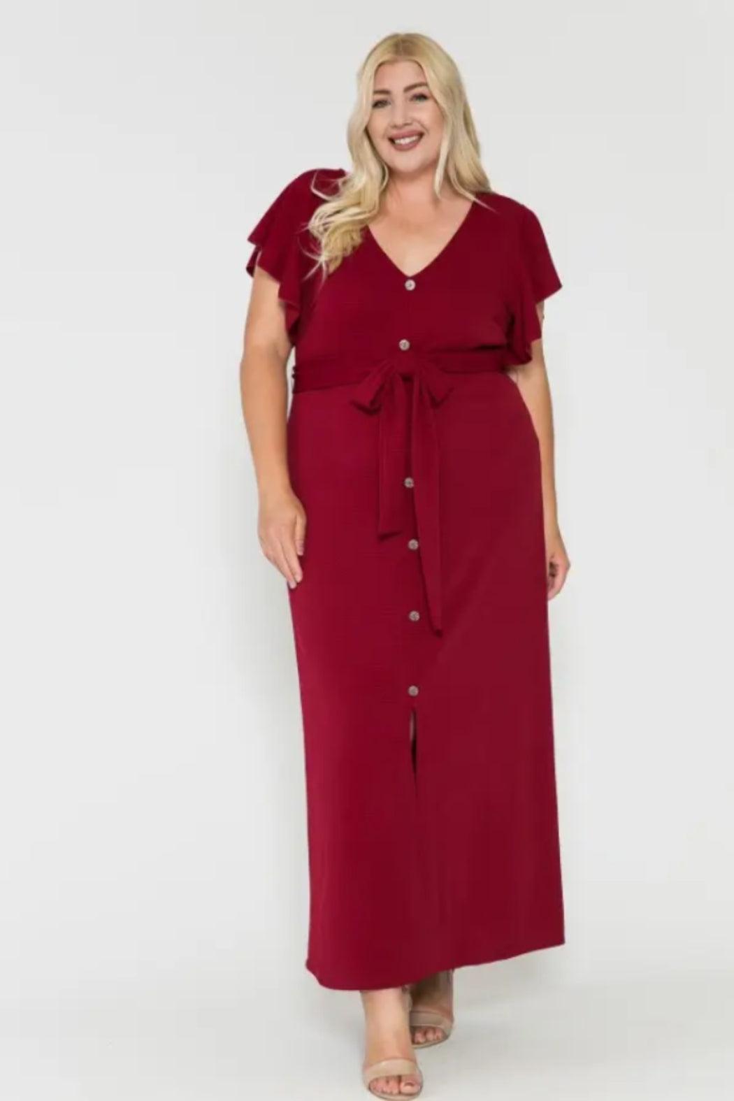 V Neck Front Button Waist Belt SS Maxi Dress Product Image