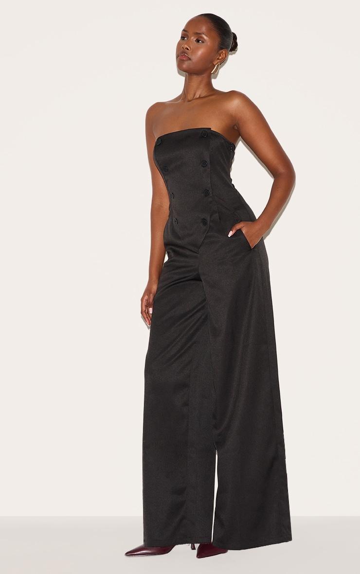 Black Tailored Woven Button Up Wide Leg Bandeau Jumpsuit Product Image