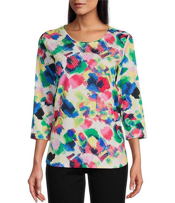 Allison Daley Brush Stroke Print 3/4 Sleeve Crew Neck Knit Top Product Image