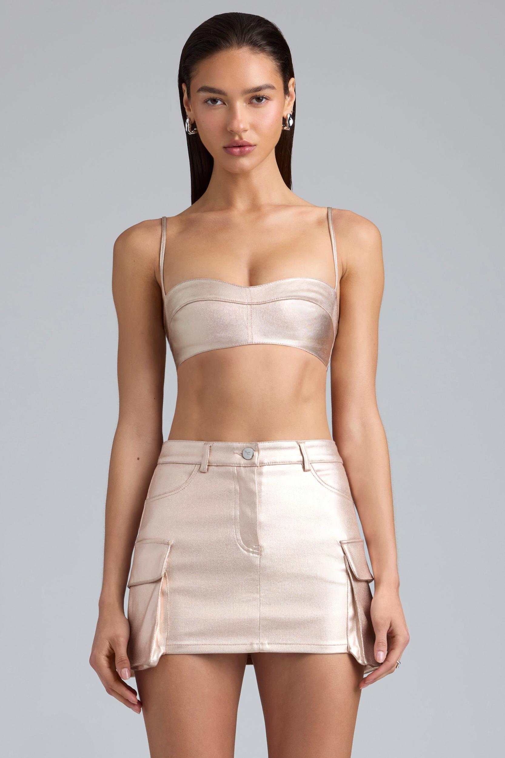 Metallic Denim Mid-Rise Cargo Mini Skirt in Champagne Product Image
