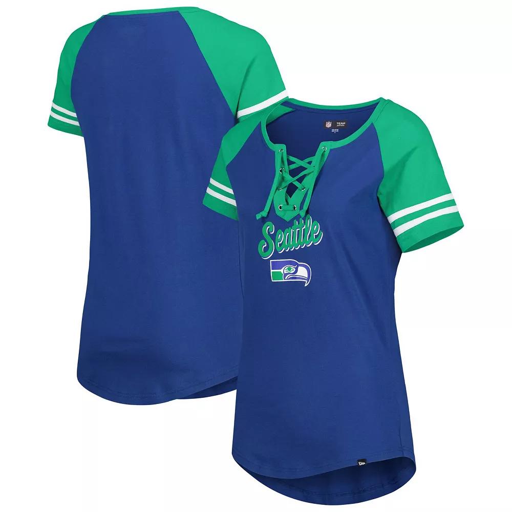Women's New Era Royal/Green Seattle Seahawks Legacy Lace-Up Raglan T-Shirt,  Product Image
