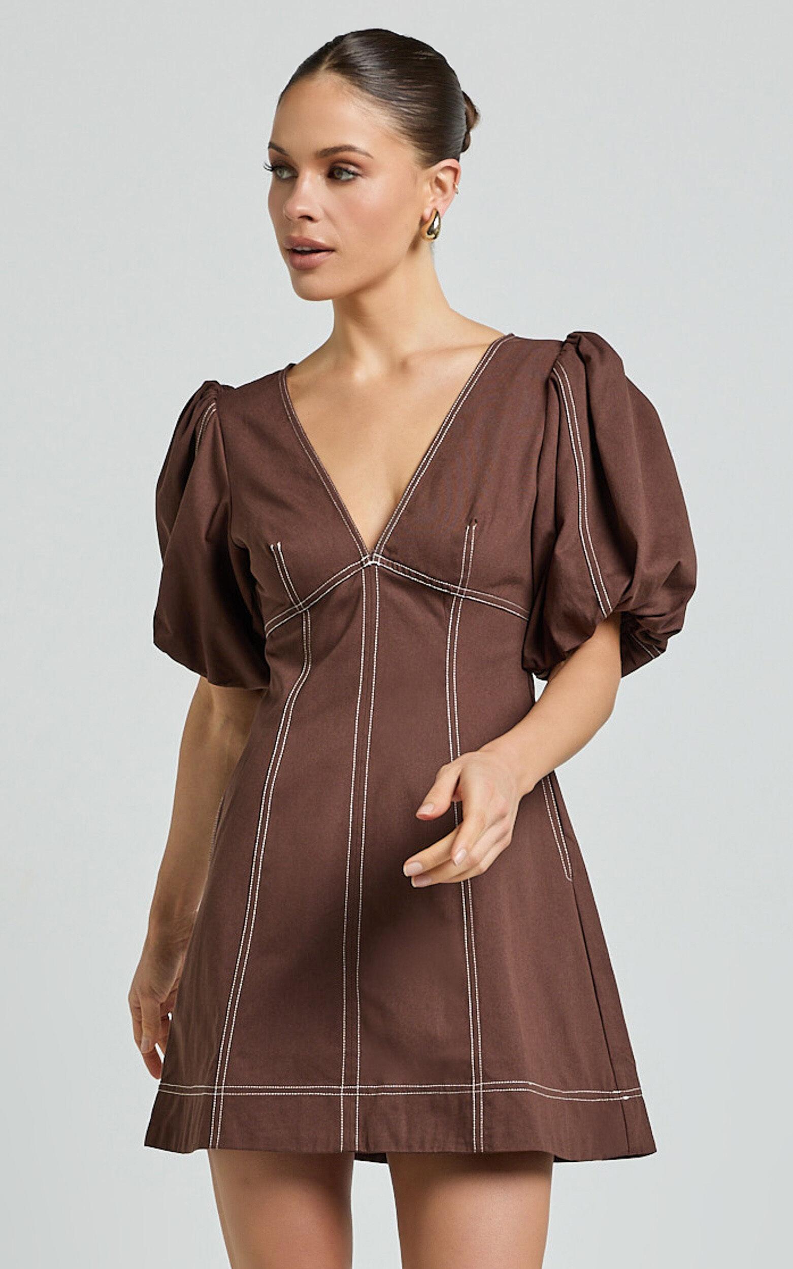 Tallie Mini Dress - Linen Puff Sleeve A Line Dress in Chocolate Product Image