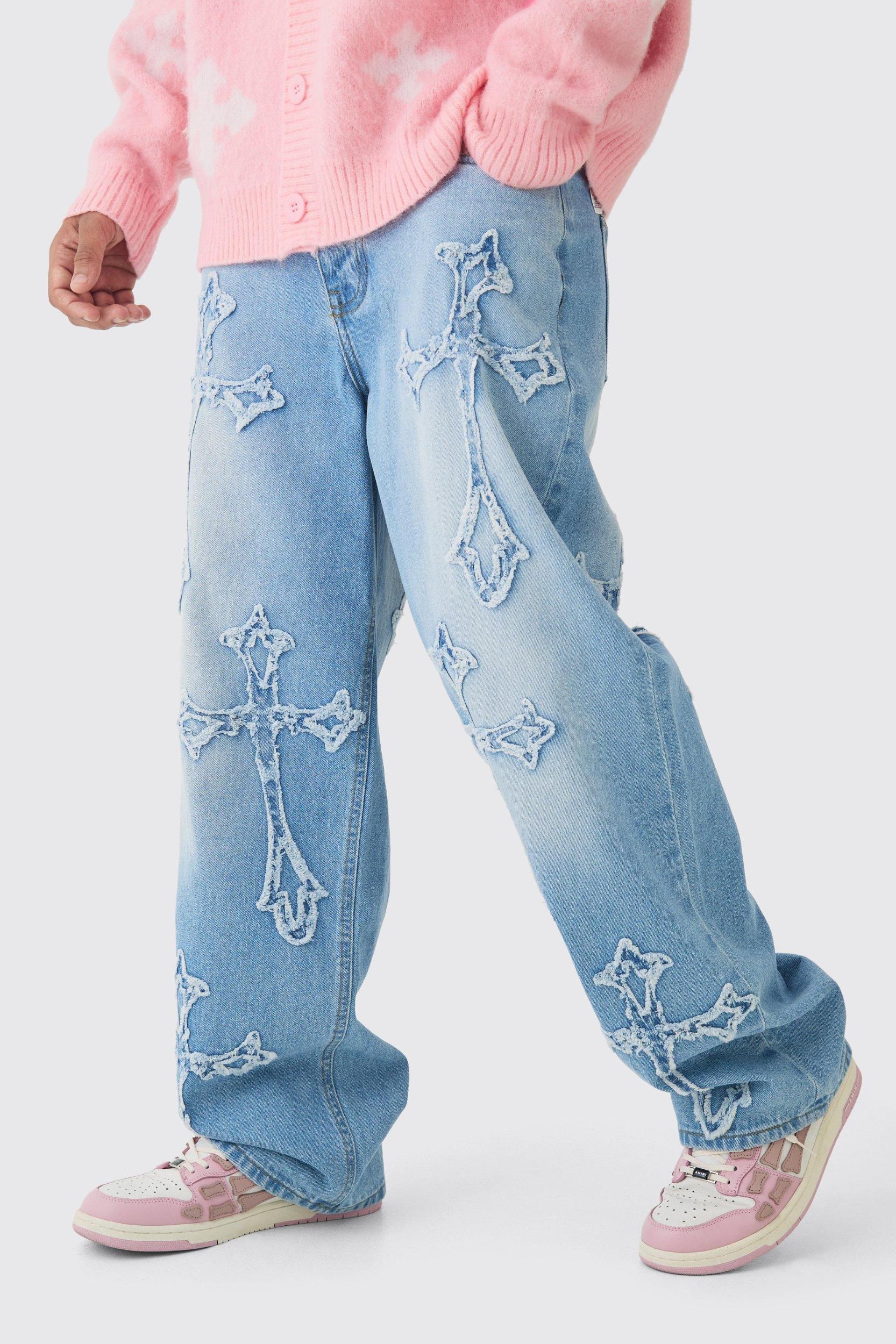Baggy Rigid Washed Blue Cross Applique Jeans | boohooMAN USA Product Image