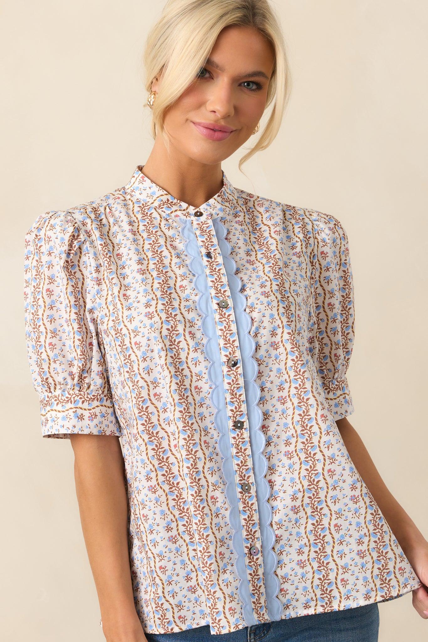 The Road Ahead Light Blue Floral Cotton Button Front Top Product Image