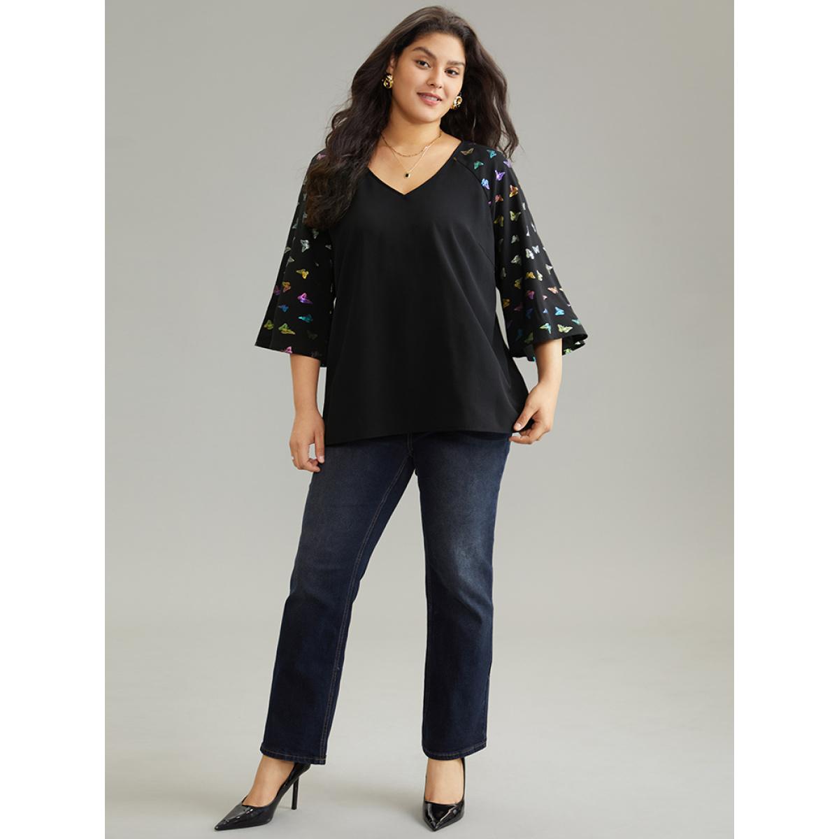 Plus Size Black Glitter Butterfly Flutter Raglan Sleeve Blouse Women Elegant Elbow-length sleeve V-neck Party Blouses BloomChic 18-20/2X Product Image