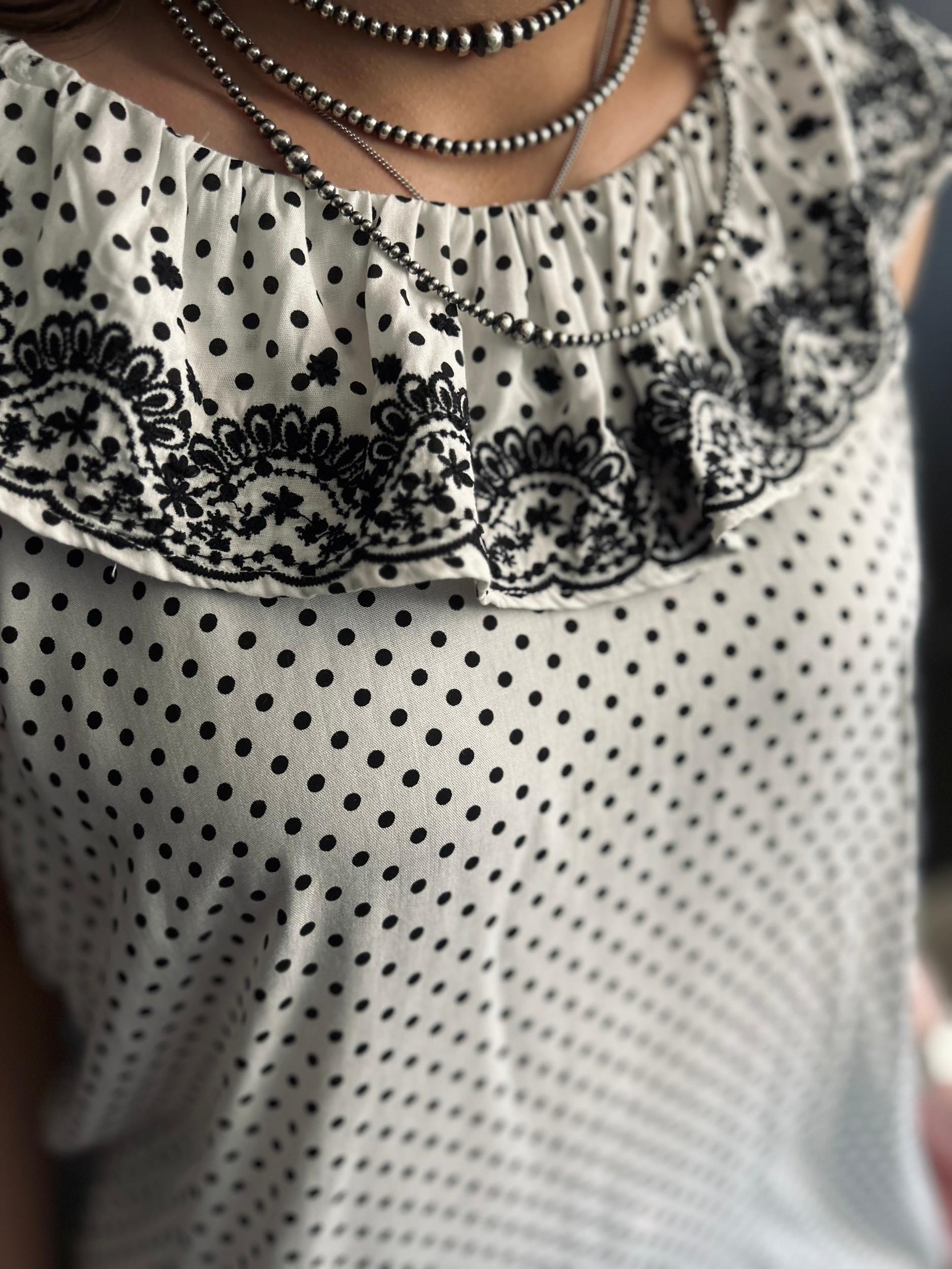 Ivory & Black Dot Embroidered Floral Ruffle Top Product Image