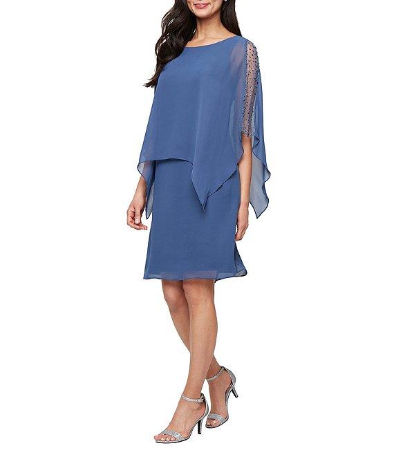 Ignite Evenings Boat Neck 3/4 Sleeve Beaded Chiffon Overlay Sheath Dress Product Image