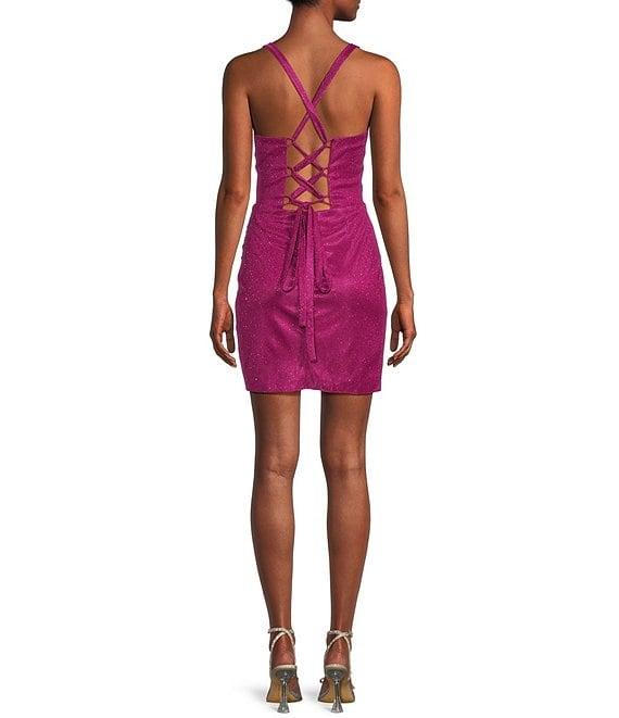 Blondie Nites Spaghetti Strap Sweetheart Lace-Up Back Shine Wrap Dress Product Image