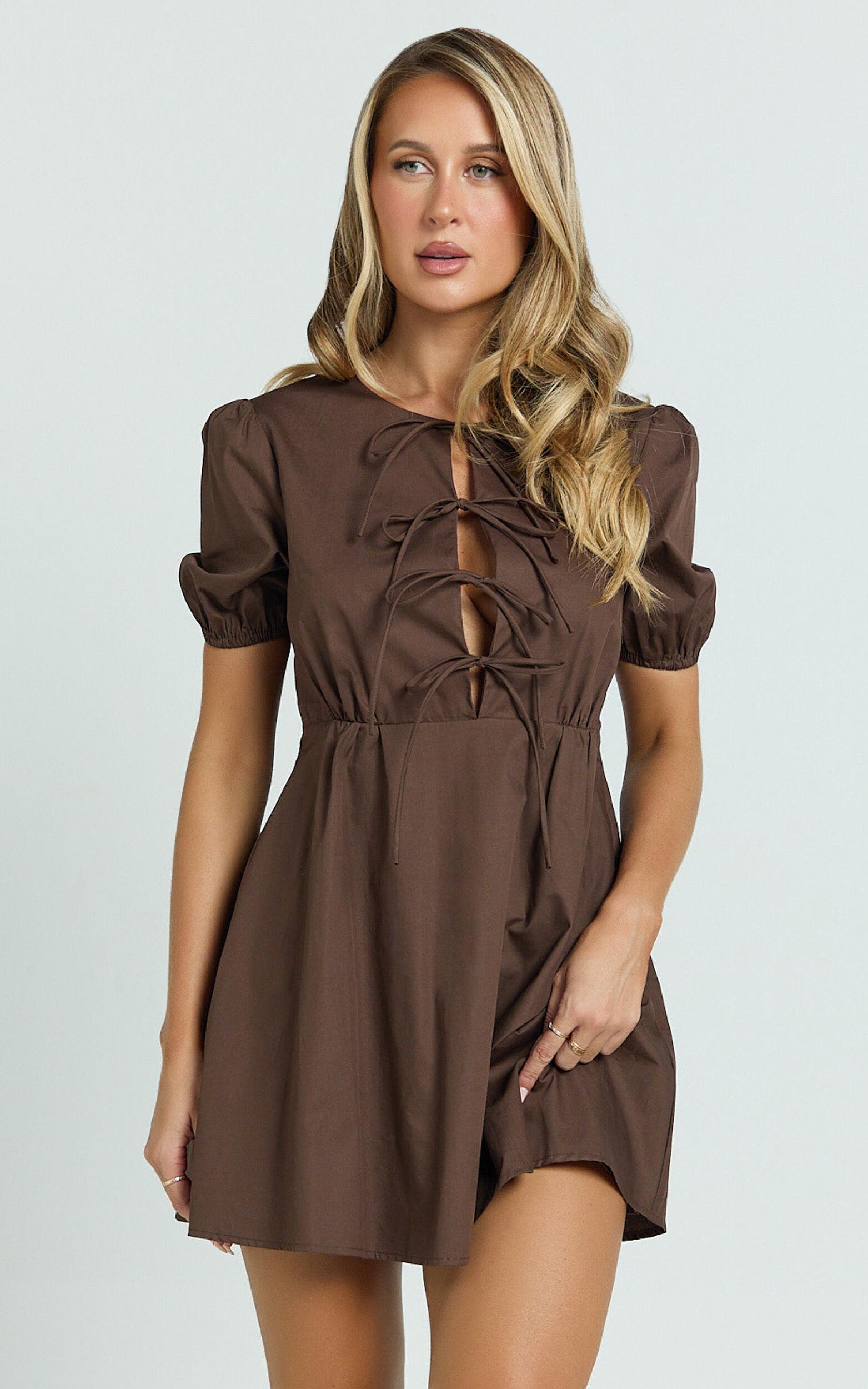 Hattie Mini Dress - Tie Front Puff Sleeve Dress in Chocolate Product Image