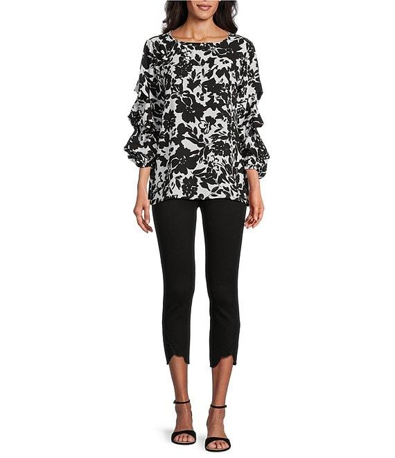 Slim Factor By Investments Black/White Ink Stroked Floral Print Kara Boat Neck 3/4 Tiered Sleeve Top Product Image