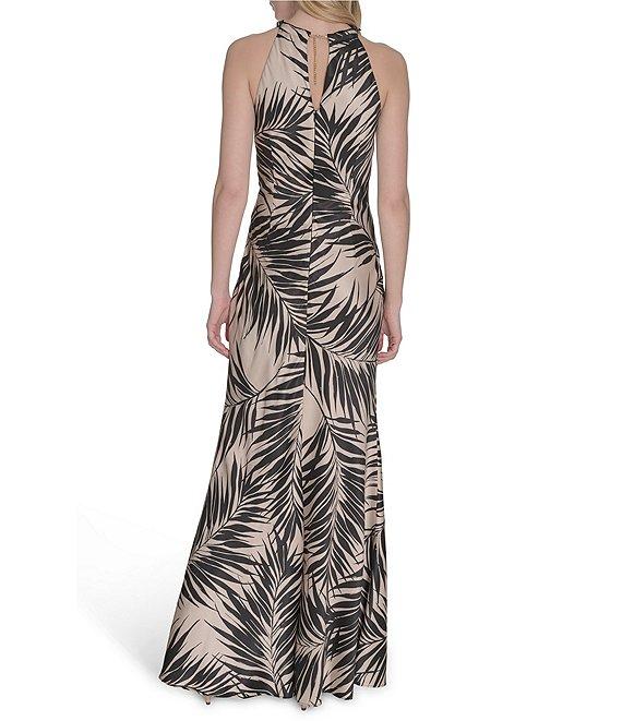 Vince Camuto Printed Satin Beaded Halter Neck Sleeveless Gown Product Image