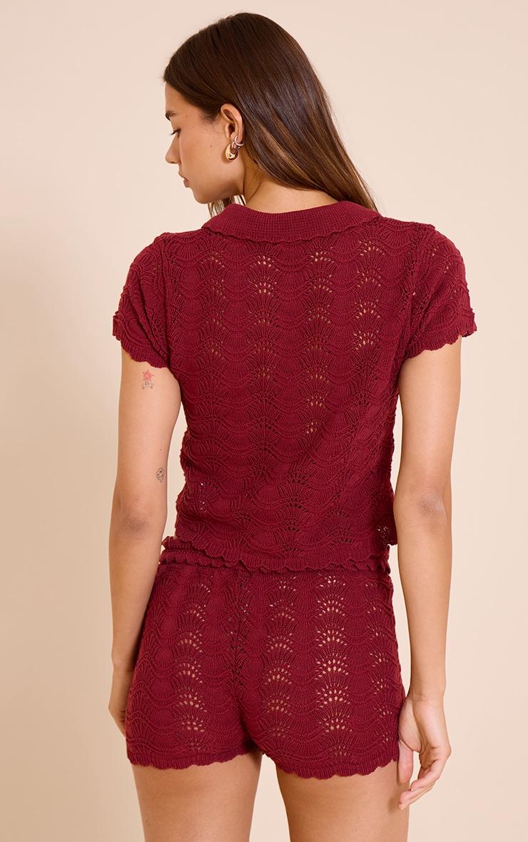Burgundy Crochet Polo Neck Top Product Image