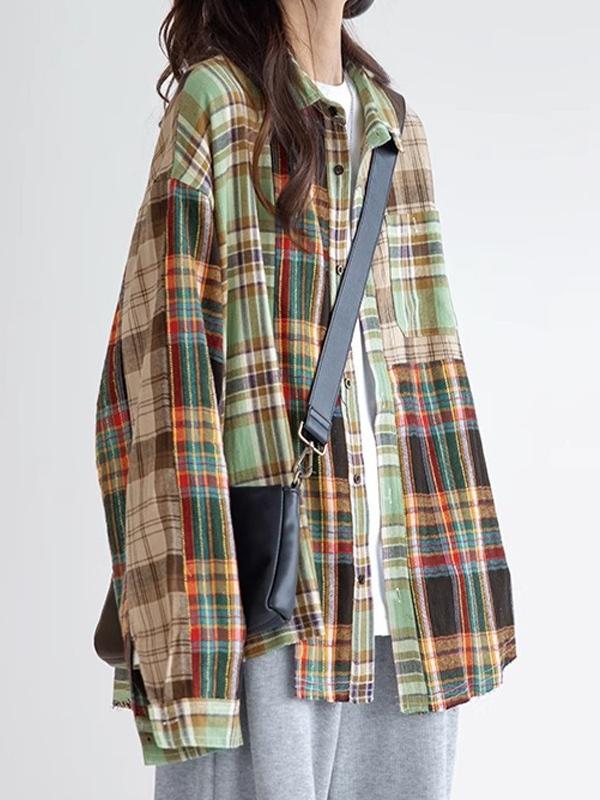 Irregular Plaid Splice Long Sleeve Blouse Product Image