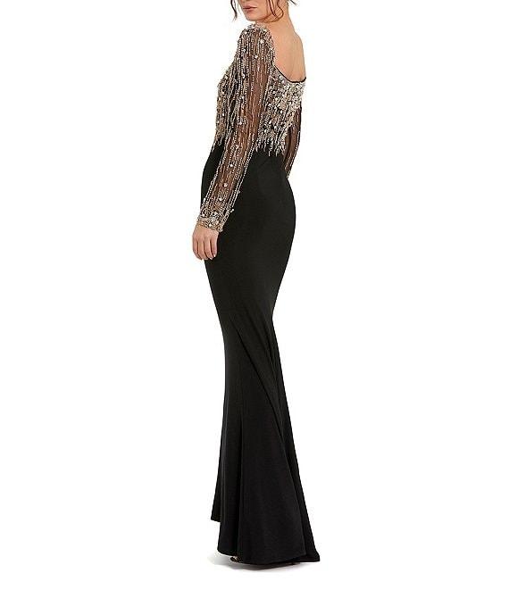 Mac Duggal Beaded Square Neck Long Illusion Sleeve Jersey Side Slit Gown Product Image