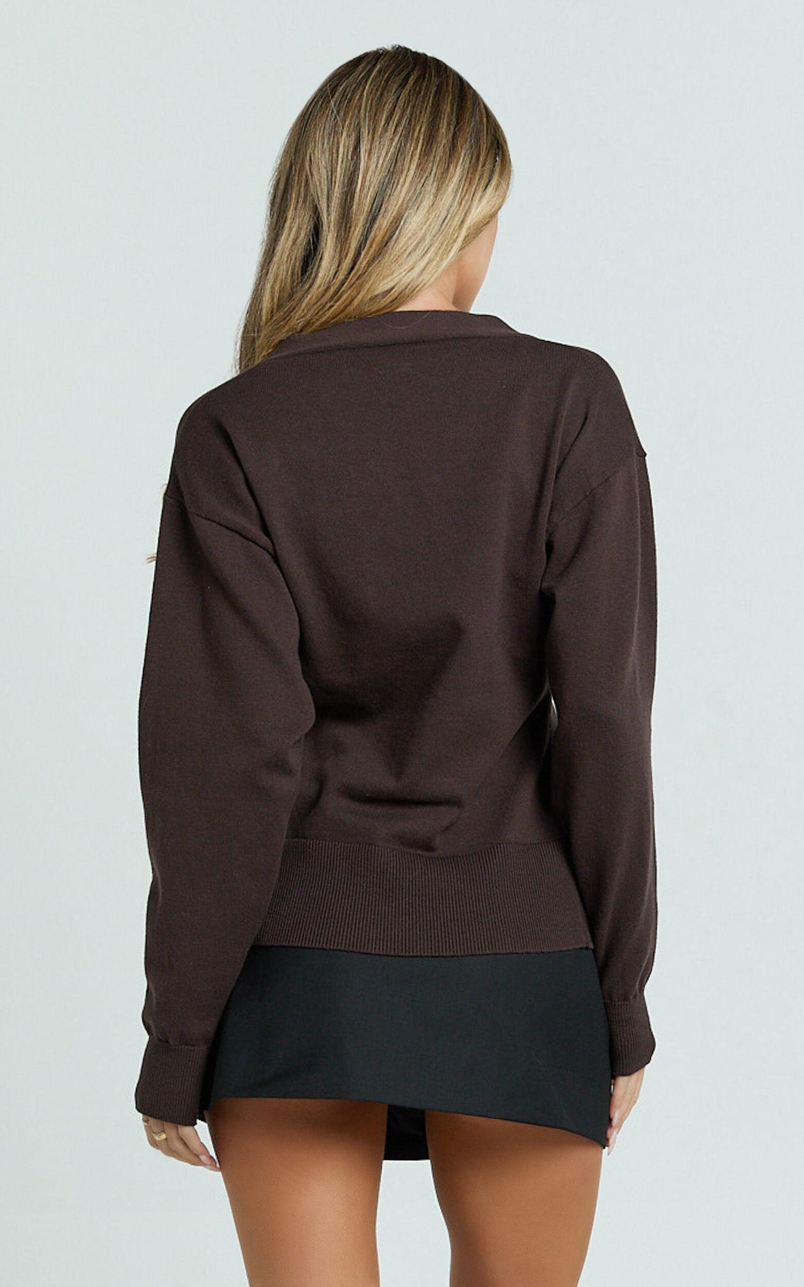 Makayla Cardigan - Long Sleeve Deep V Hardware Button Cardigan in Chocolate Product Image