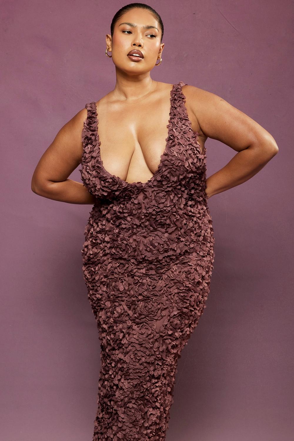 Carena  merlot plunge floral appliqué maxi dress Product Image