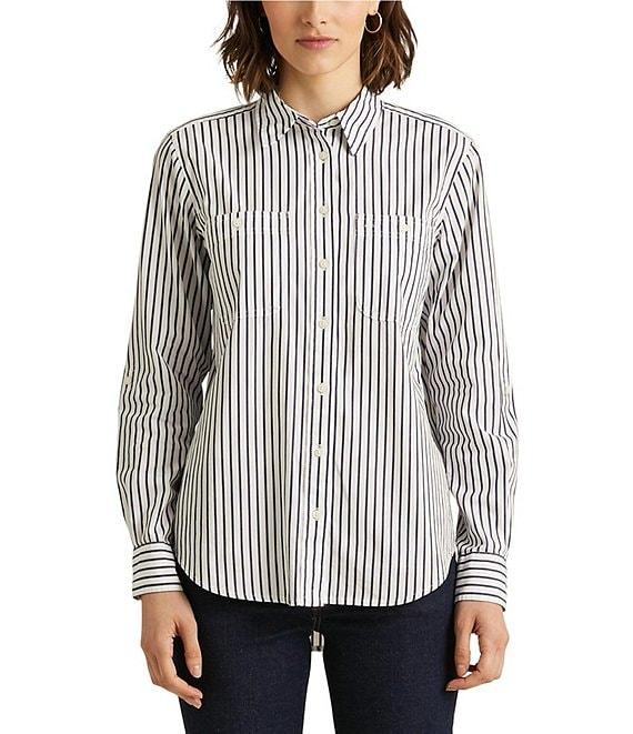Lauren Ralph Lauren Long Roll-Tab Sleeve Striped Button Front Cotton Shirt Product Image