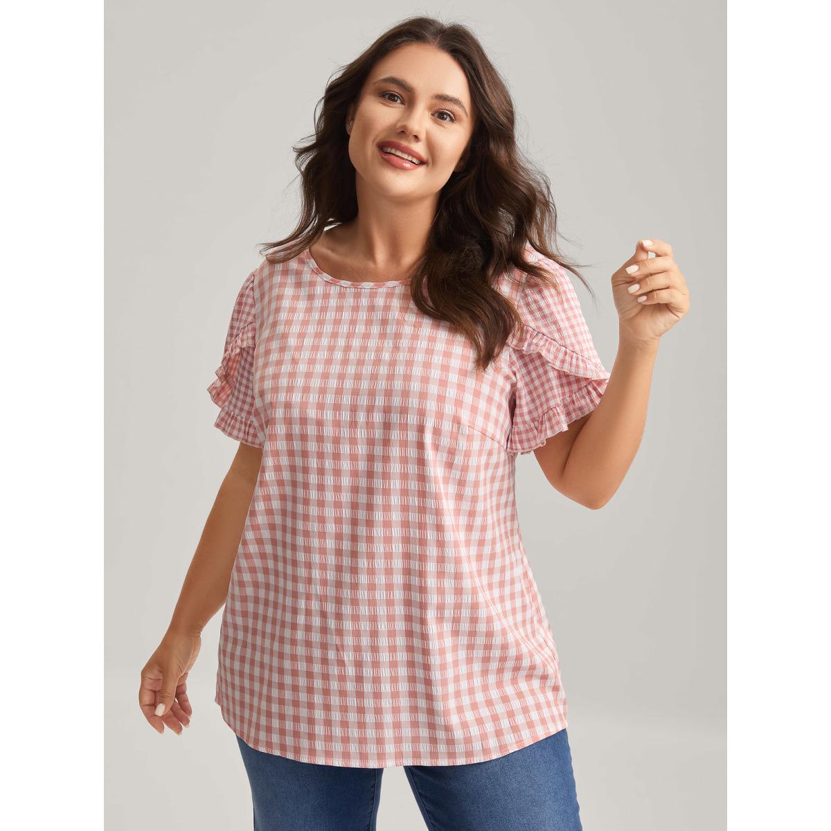 Plus Size Beanpastepowder Sweet Gingham Wrinkled Petal Sleeve Blouse Women Short sleeve Round Neck Everyday-Casual Blouses BloomChic 18-20/2X Product Image